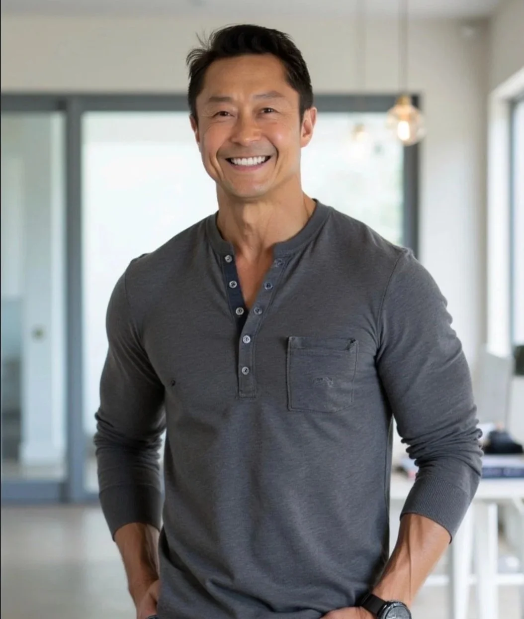 A smiling man with dark hair in a casual gray long-sleeve shirt standing indoors in front of a glass door and windows.