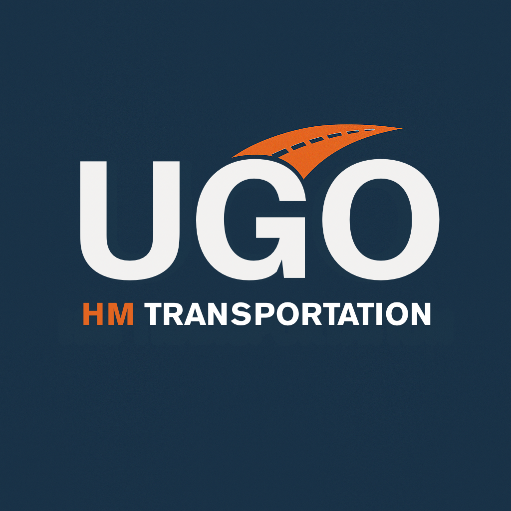 UGO Transportation logo with blue background, white text, and an orange graphic of a curved road above the letter G.