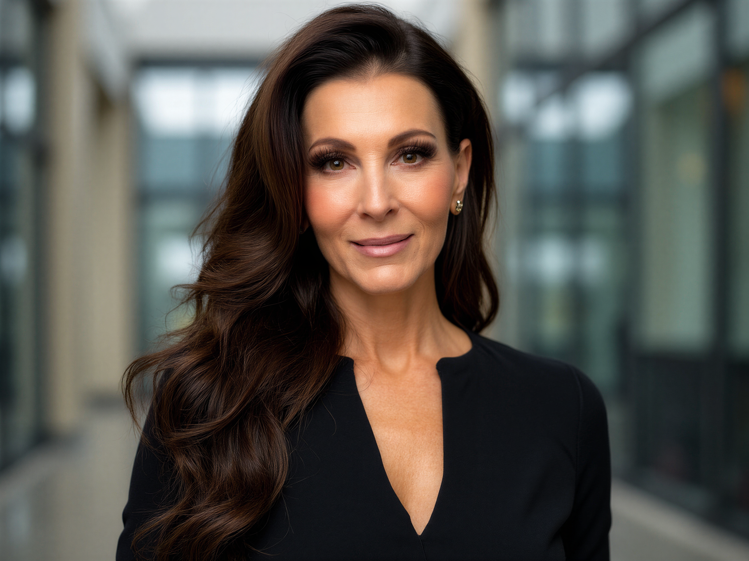 A close-up portrait of a smiling woman with long, wavy dark brown hair, wearing makeup with dramatic eyelashes, earrings, and a black top, in an indoor modern space with blurred background.