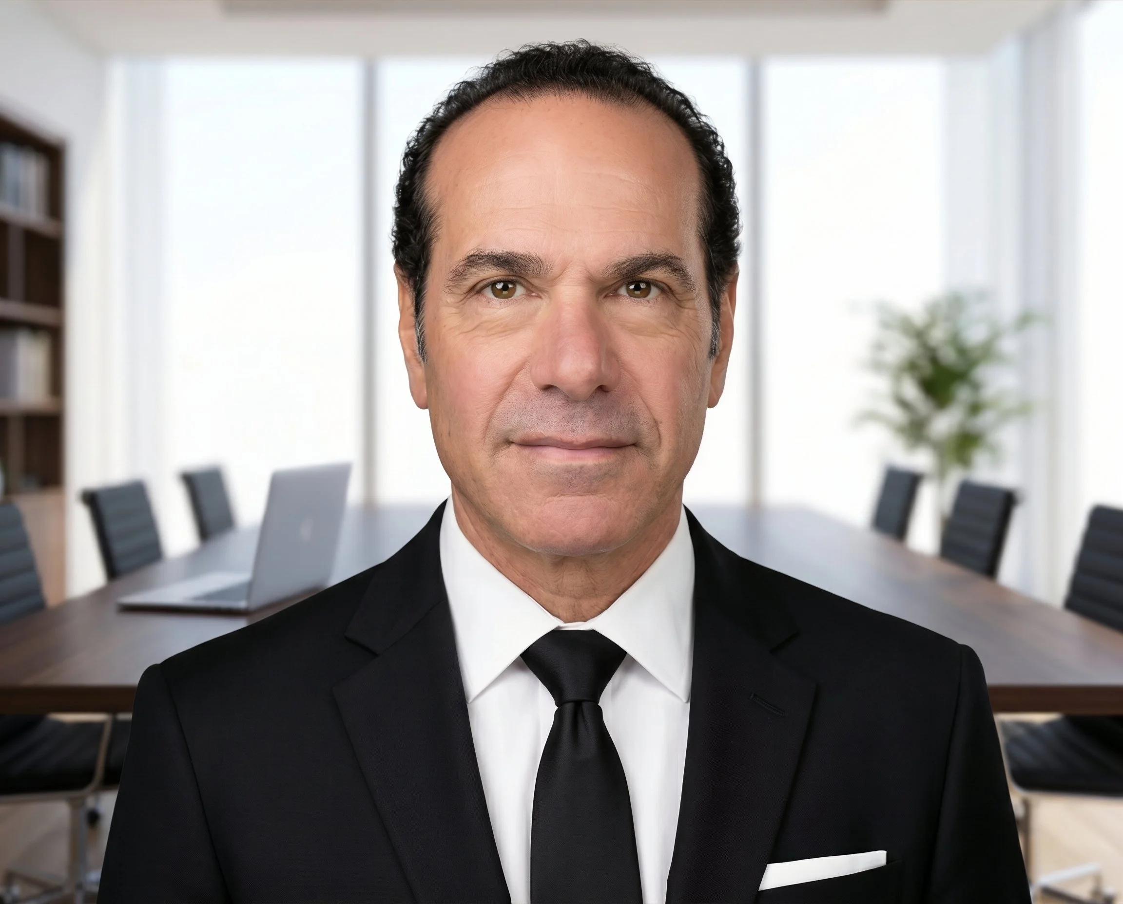 Close-up of a middle-aged man in a black tuxedo and white shirt, sitting in a modern conference room with a large table and chairs, and a bookshelf on the left, with bright windows and a potted plant in the background.