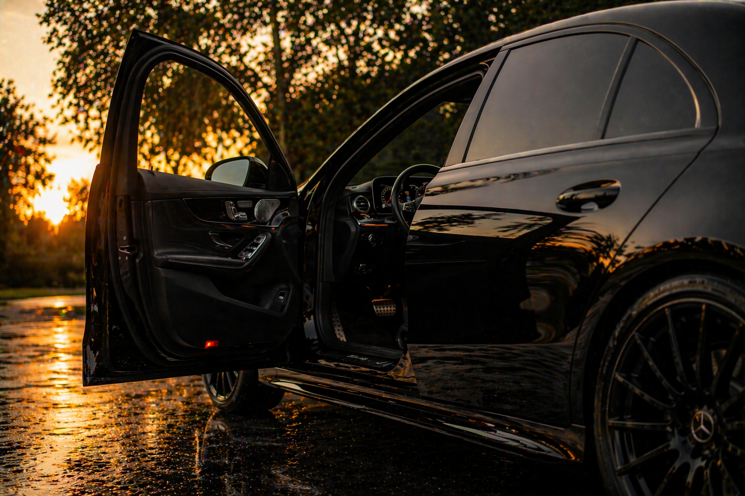 A black luxury car with open driver side door parked on a wet surface during sunset, with trees in the background.