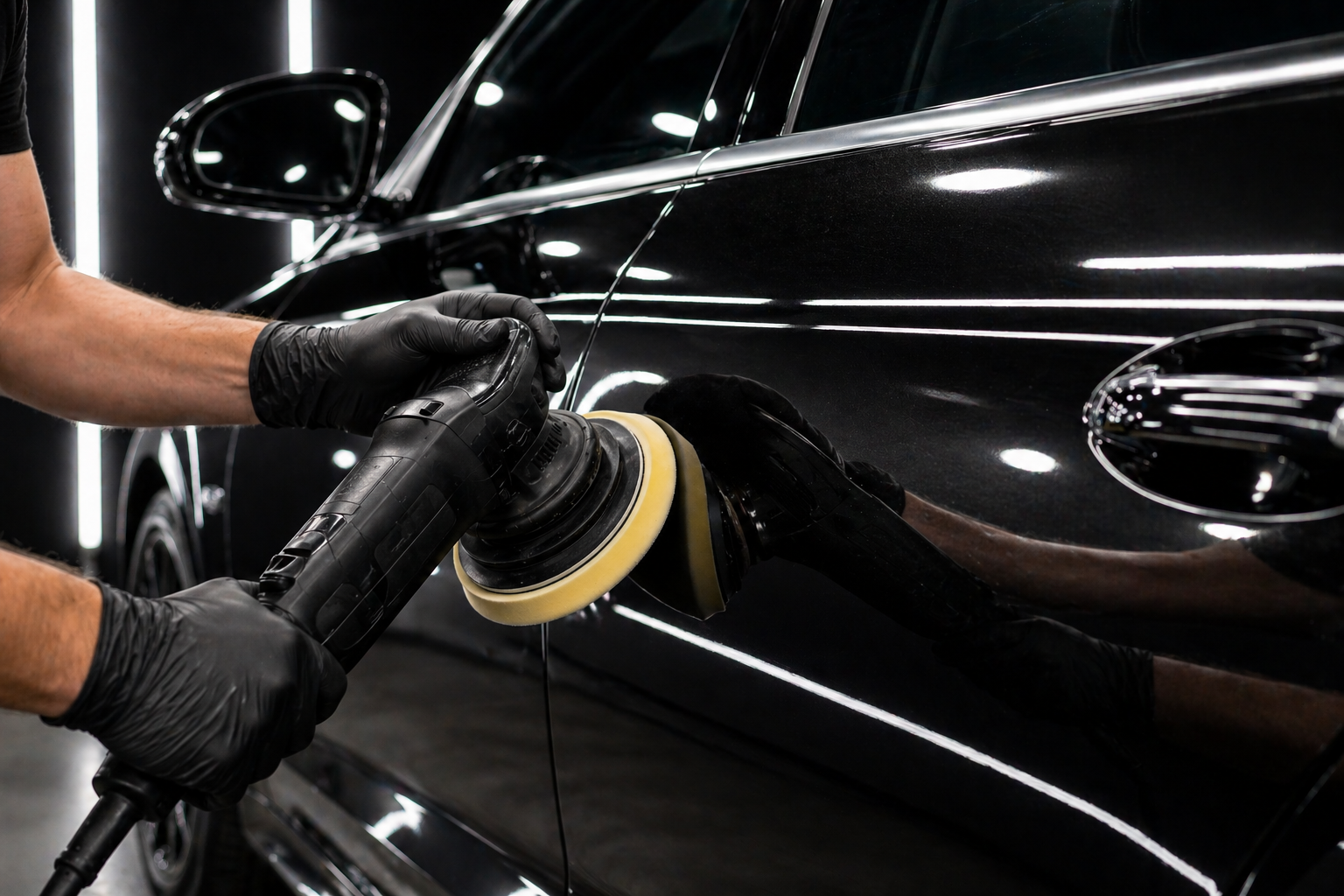 A person using a dual-action polisher to buff the surface of a black car, wearing black gloves.