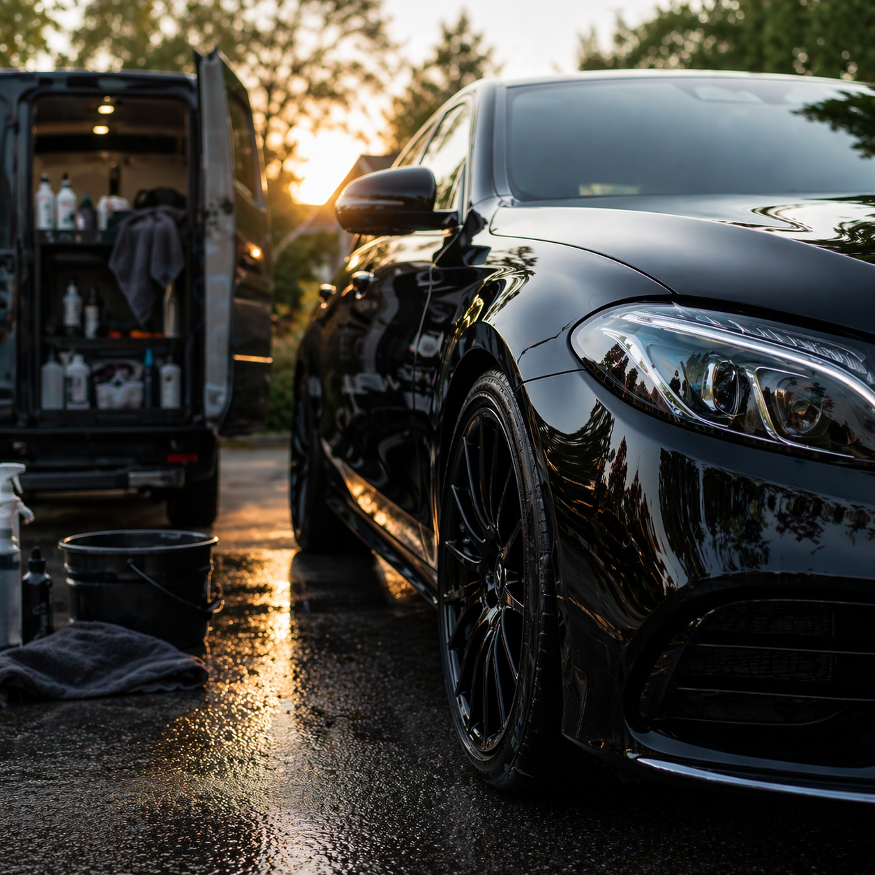 Black luxury car being washed outdoors at sunset, with cleaning supplies and equipment nearby.