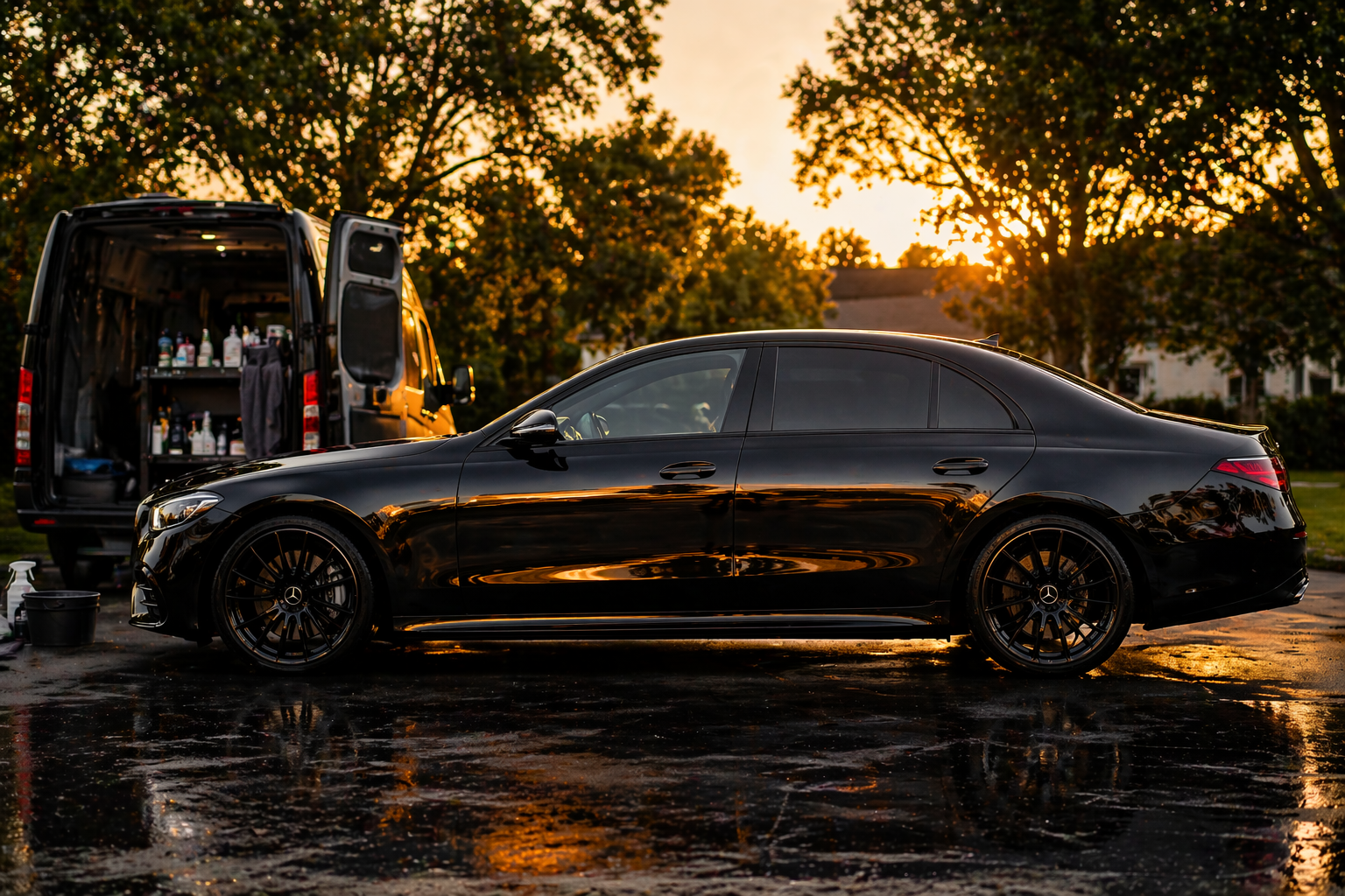 A black Mercedes-Benz sedan parked outdoors during sunset, with a cleaning or detailing van open in the background containing various cleaning supplies