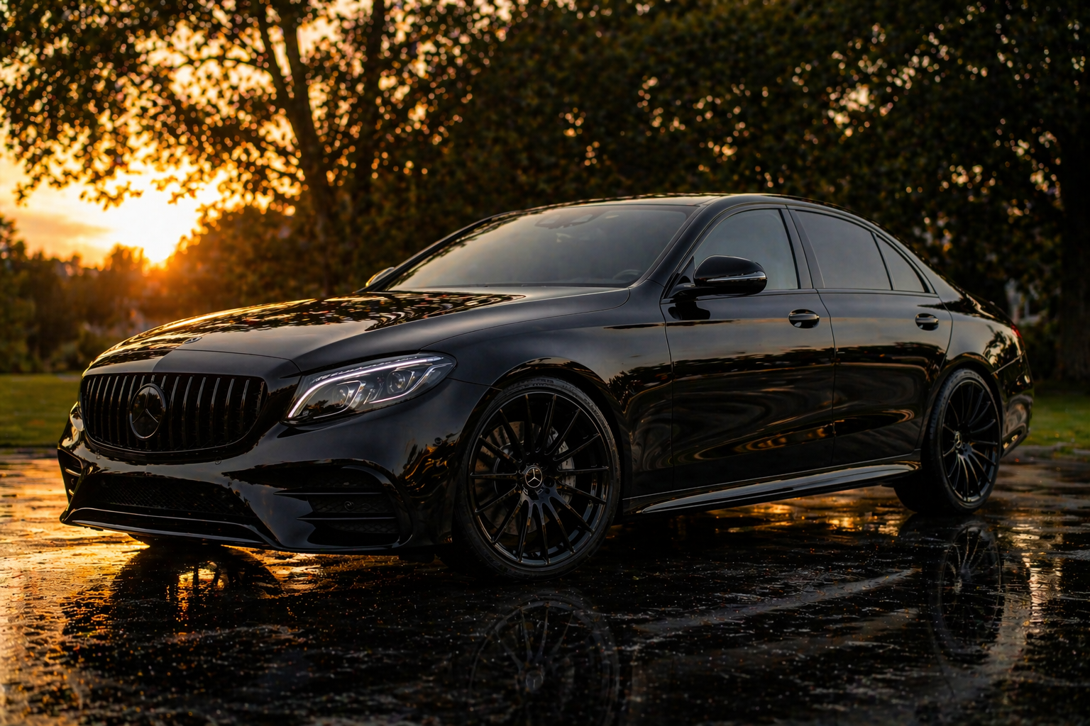 A black Mercedes-Benz luxury sedan parked outdoors at sunset with a reflective wet surface and trees in the background.