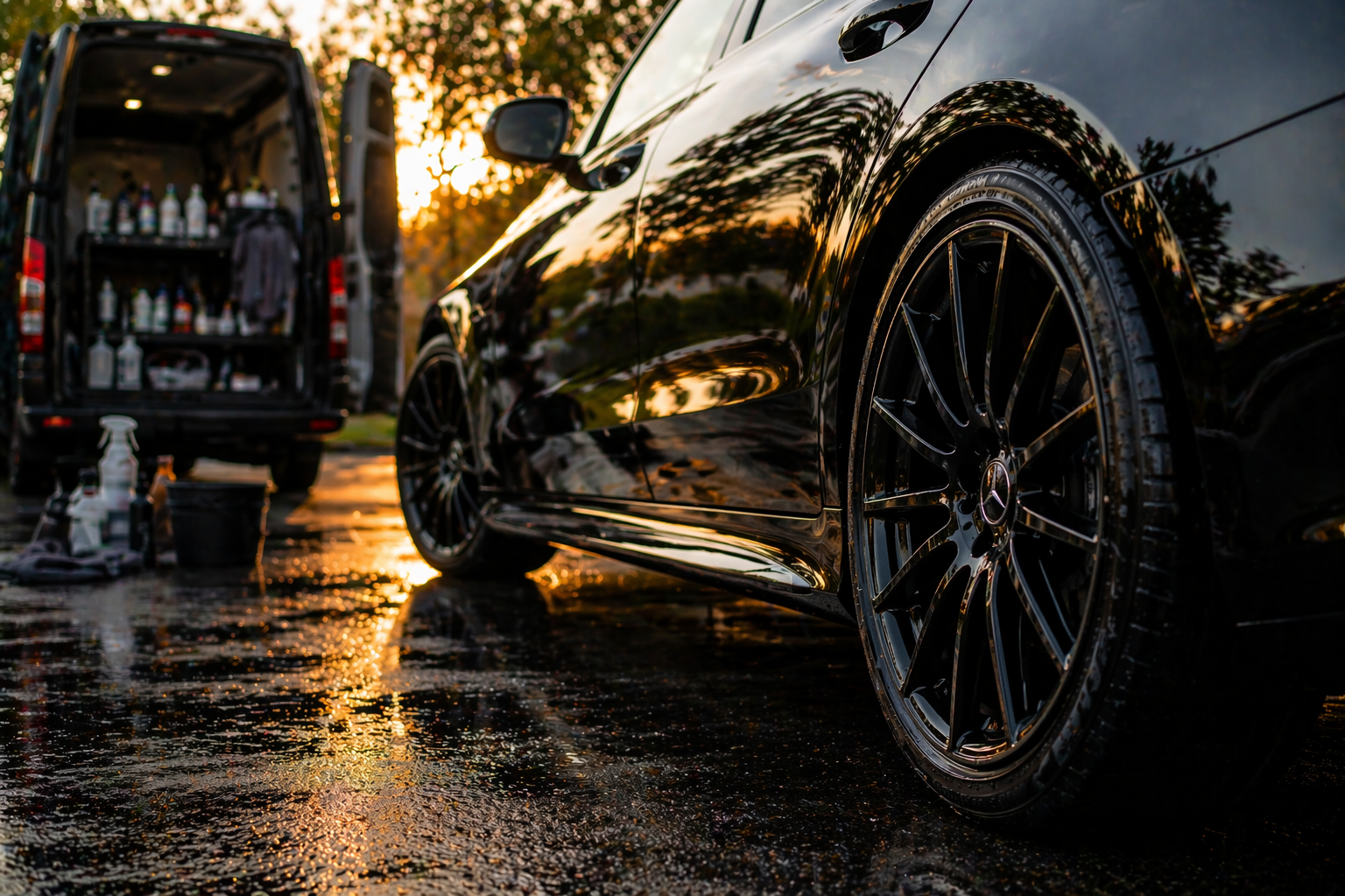 Close-up of a black Mercedes-Benz car being washed outdoors during sunset, with a cleaning supplies van in the background.