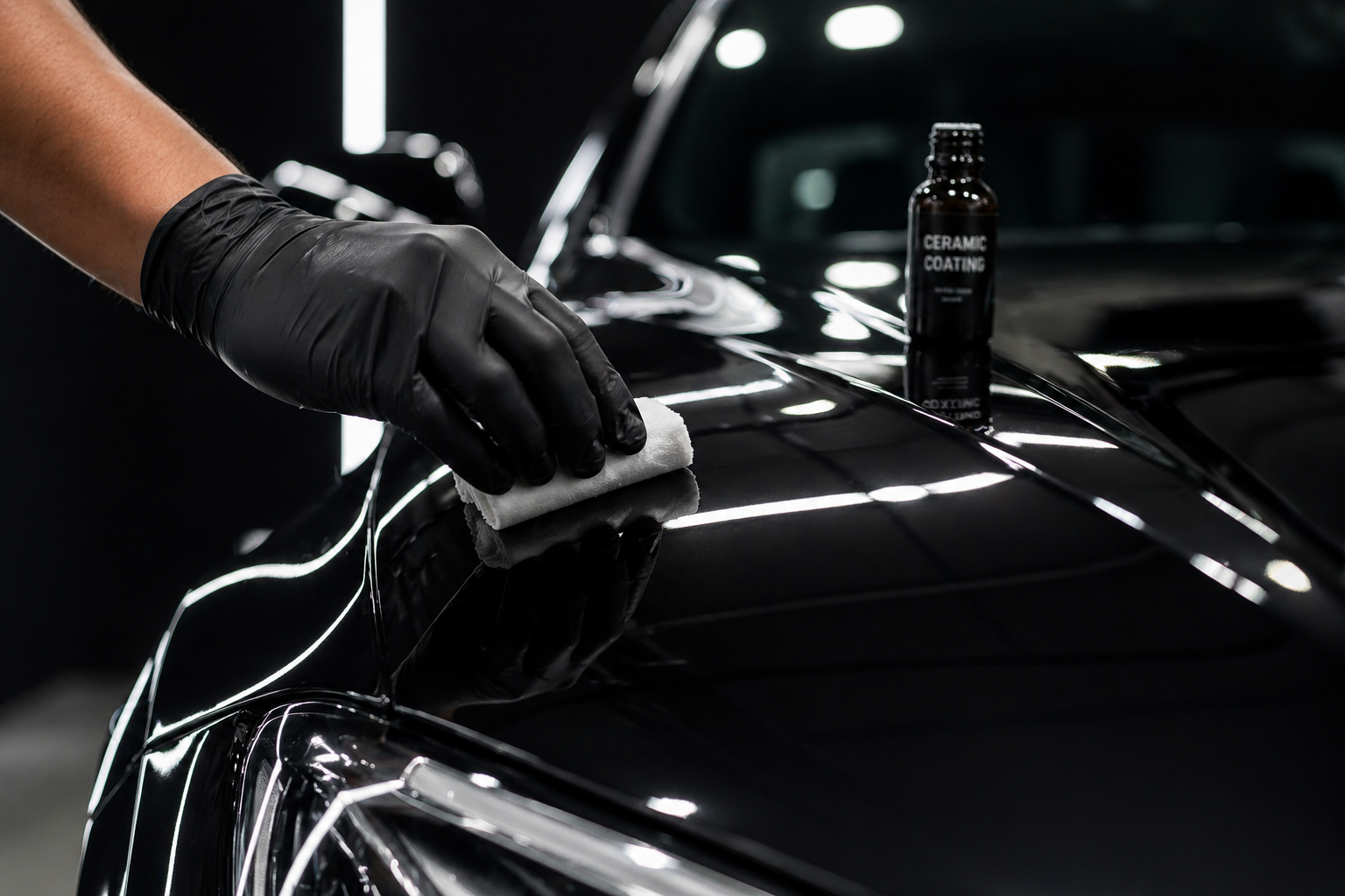 Person wearing black gloves polishing a black car with a white cloth, with a bottle of ceramic coating on the car's hood.
