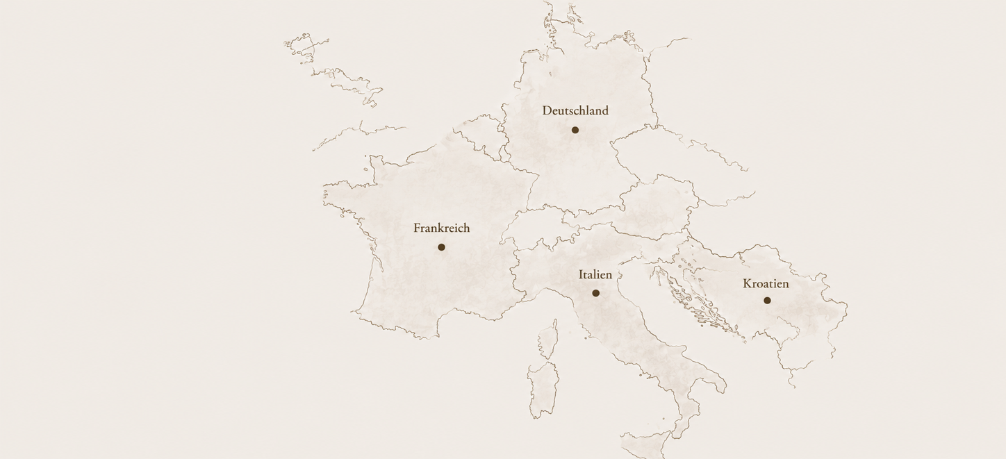 Dwellist Europakarte mit ausgewählten Reisezielen in Deutschland, Frankreich, Italien und Kroatien