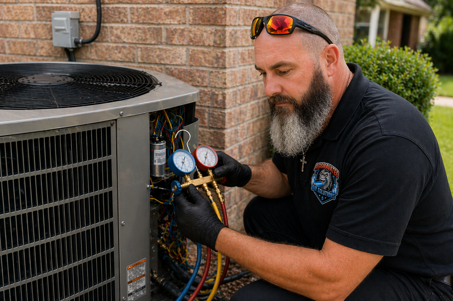 A HVAC technician with a beard and sunglasses adjusting an air conditioning unit outside a brick house.