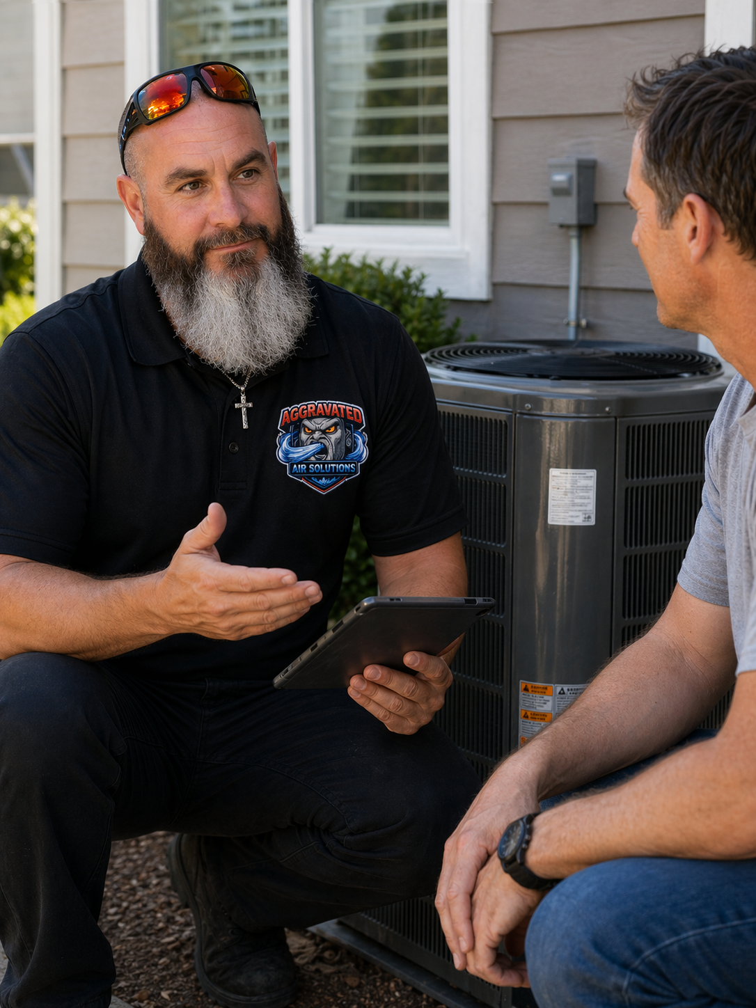 Two men talking outside near an air conditioning unit, one holding a tablet, the other wearing a watch, with a house in the background.