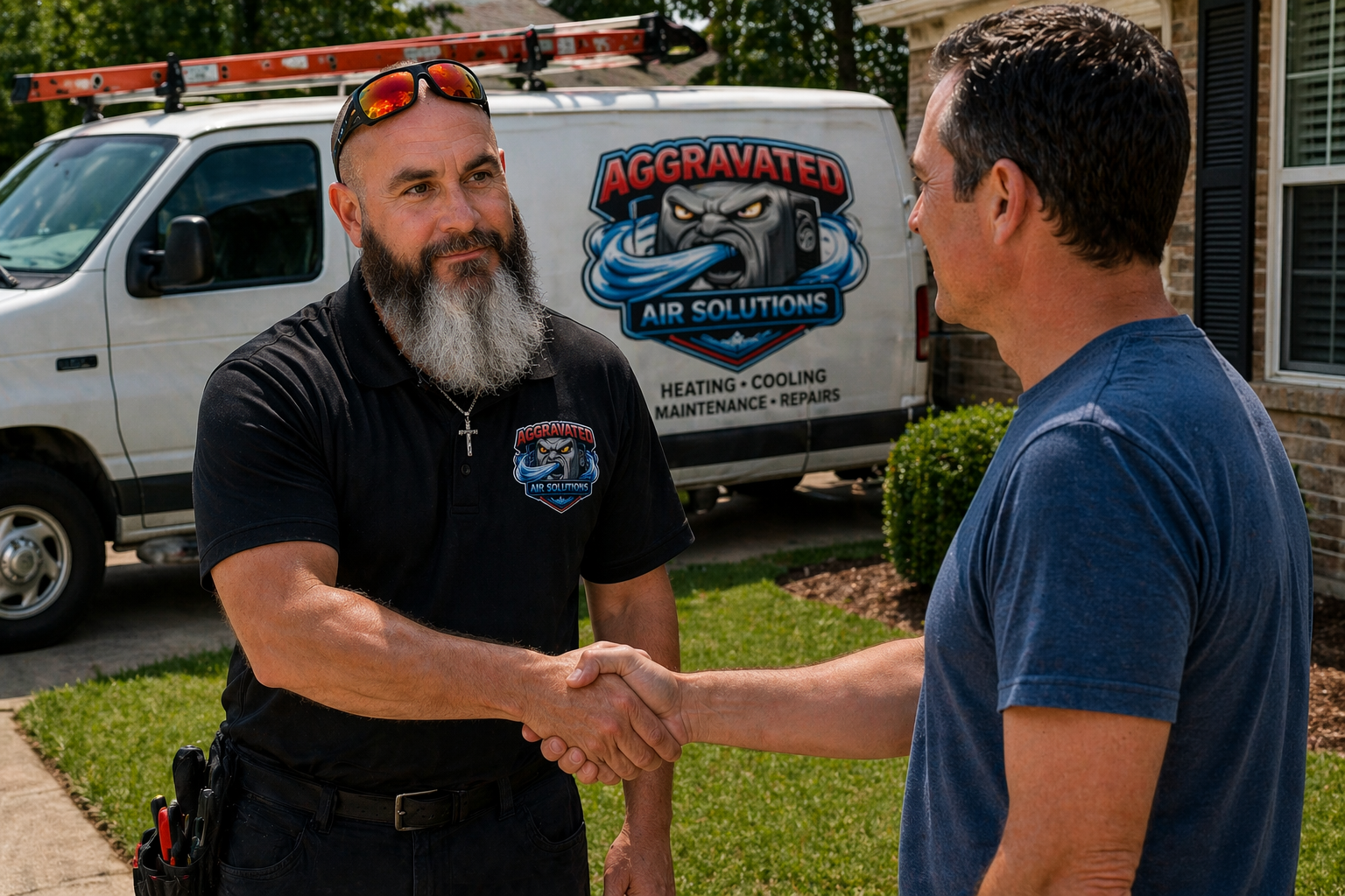 A man with sunglasses on his head and a beard shaking hands with another man in front of a company van for 'Aggravated Air Solutions.'