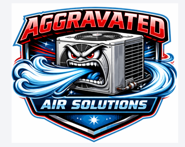 A logo depicting an angry air conditioning unit with an aggressive face and a blue water spray coming out of its vent, with the text "Aggrated Air Solutions" in bold red and blue letters.