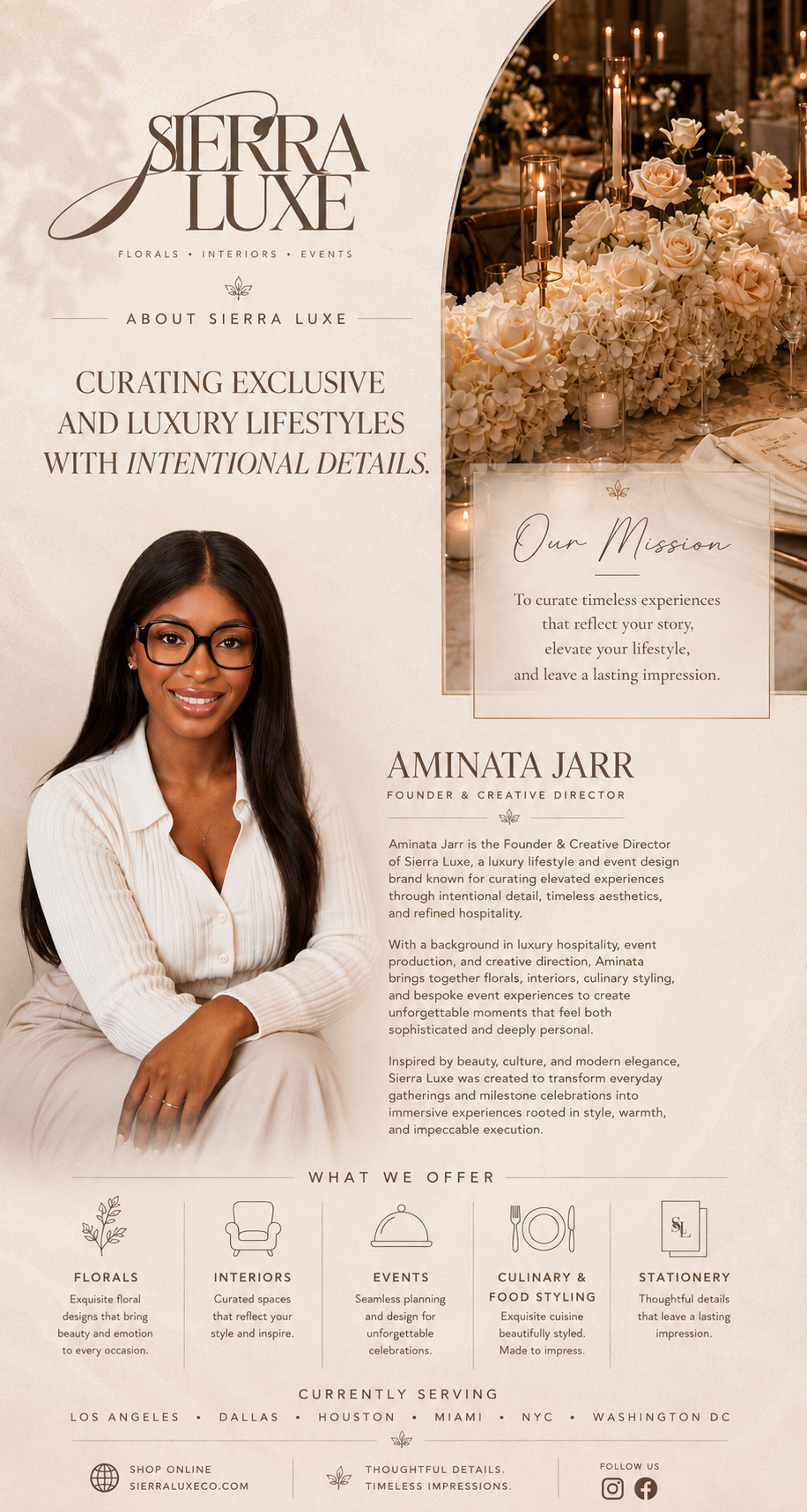 A promotional flyer for Sierra Luxe featuring an elegant woman with long dark hair, wearing glasses and a cream-colored shirt, smiling. The flyer includes images of white flowers, candles, and a table setting, with text describing their luxury event and interior design services.