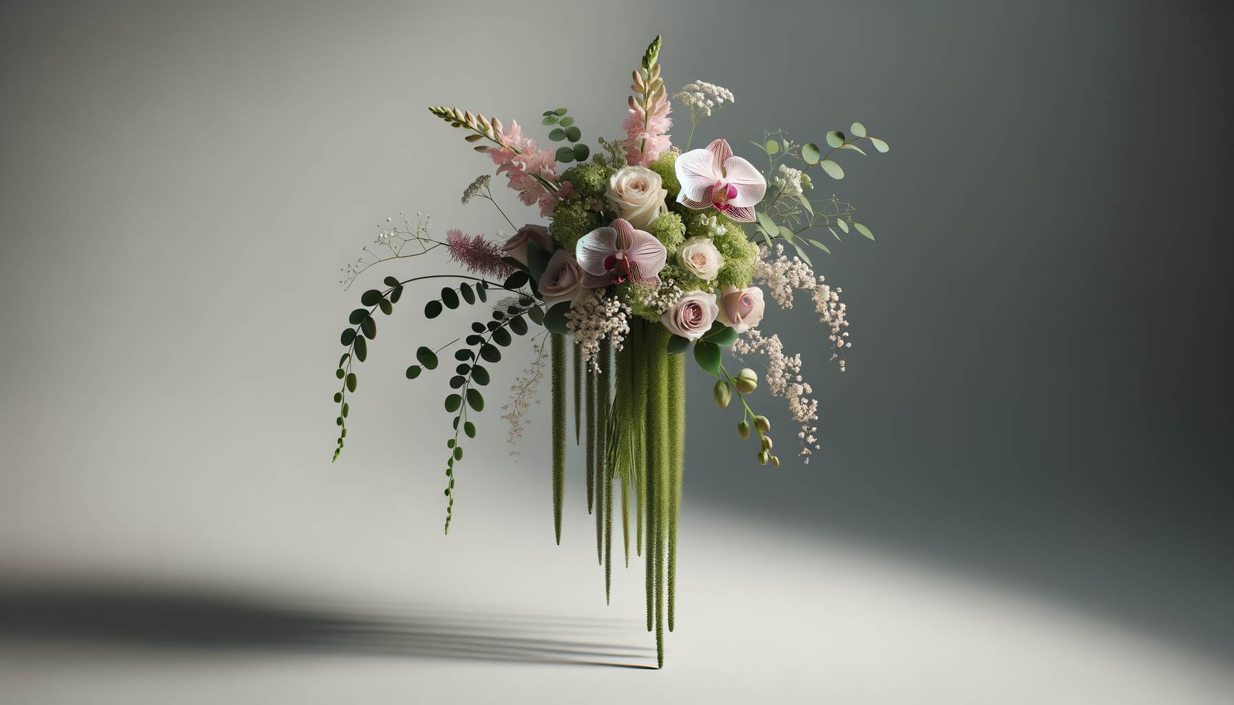 Elegant floral arrangement in a tall, clear glass vase with pink roses, white orchids, greenery, and cascading flowers, set against a plain background.