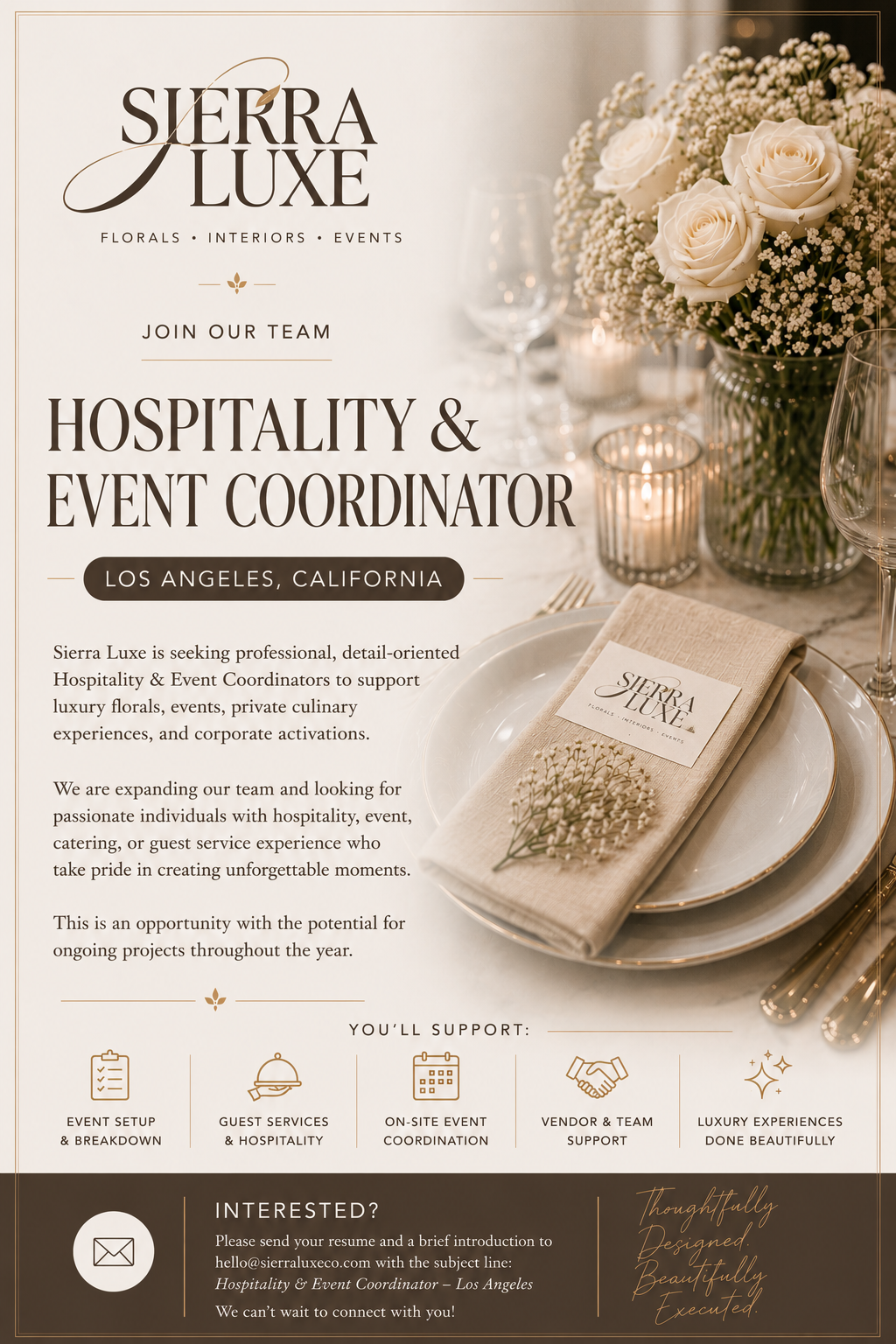 Announcement for Sierra Luxe seeking Hospitality & Event Coordinator in Los Angeles, California, featuring elegant floral table setting with white roses and candles.