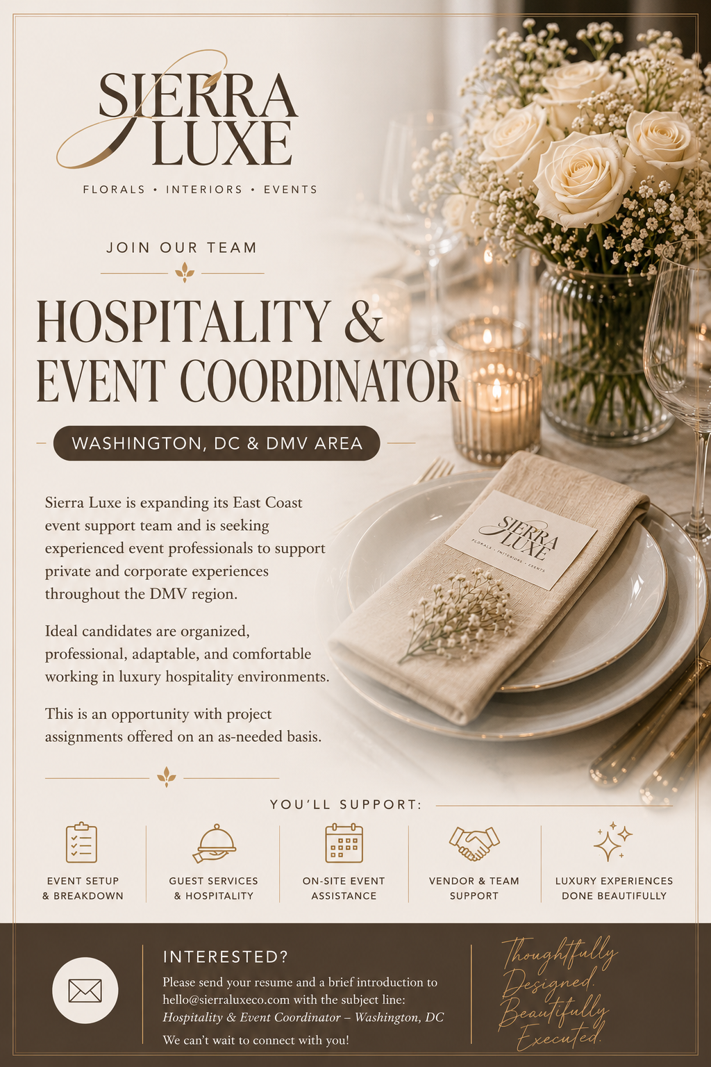 Flyer for Sierra Luxe seeking hospitality and event coordinators in Washington, DC and DMV area, featuring a table setting with white roses, candles, and a beige napkin with Sierra Luxe logo, styled in elegant neutral tones.