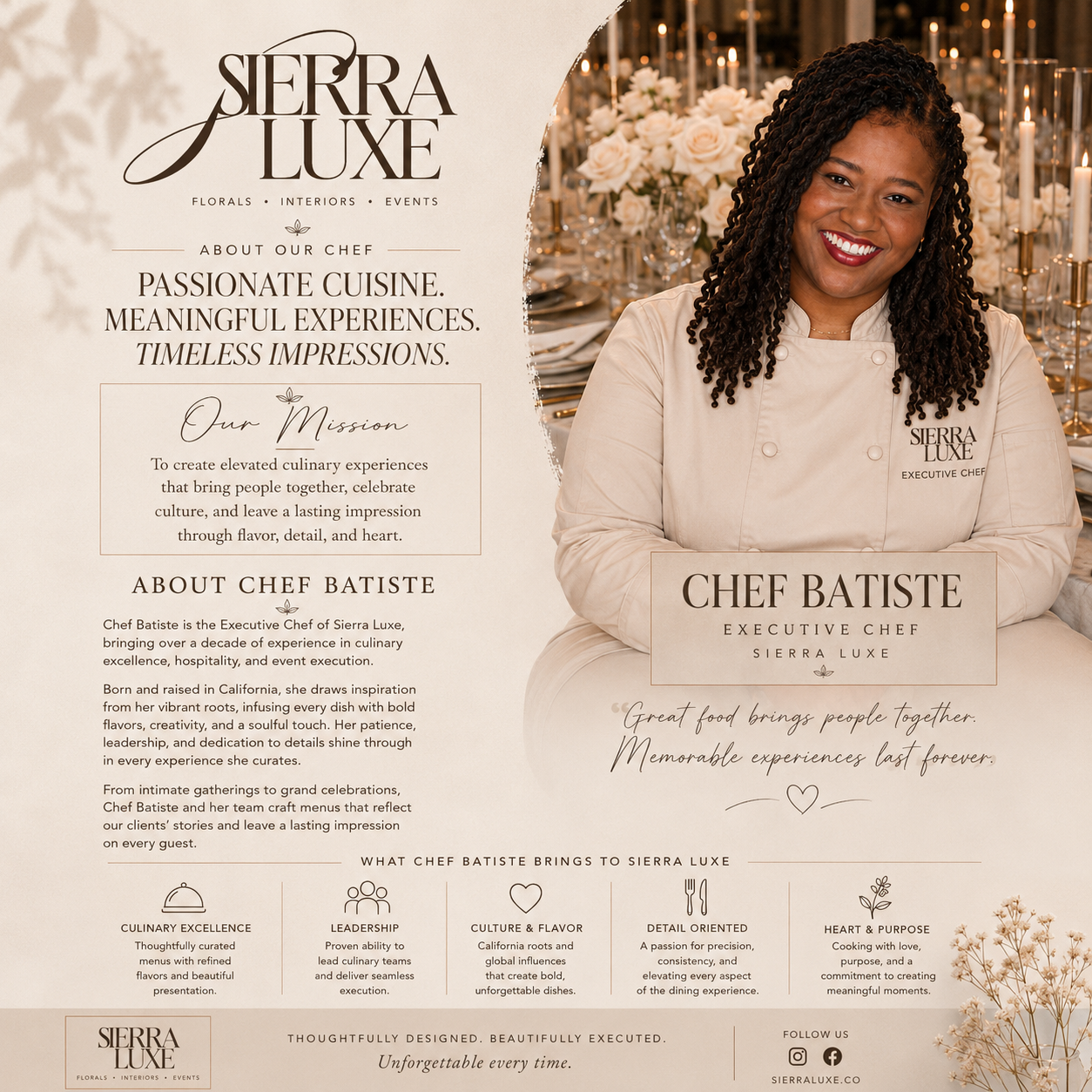 A promotional flyer for Sierra Luxe featuring portrait of Chef Batiste, an African American woman with curly hair, smiling in a beige chef uniform with the Sierra Luxe logo. The flyer highlights their focus on passionate cuisine, meaningful experiences, and chef Batiste's culinary expertise, with elegant floral and candlelight decor in the background.