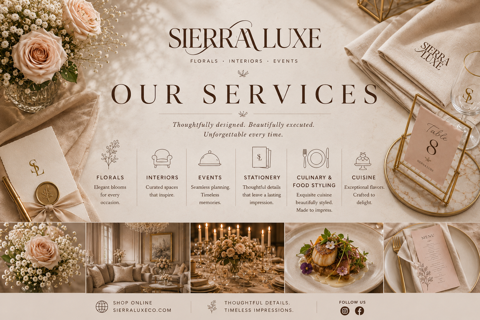 An elegant flyer for Sierra Luxe, a floral and event planning business. It features flower arrangements, a cozy interior space, table settings, and a plated dish, along with text detailing their services including florals, interiors, events, stationery, culinary, and cuisine.