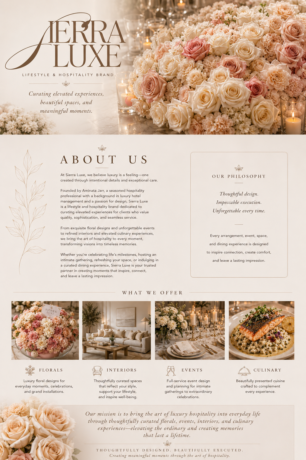 A luxury branding website for Sierra Luxe, featuring a floral arrangement with white, cream, and pink roses, and candles. The site includes sections about the company's philosophy, services like floral design, interiors, events, and culinary experiences, with elegant text and images of floral decor, a cozy living room, formal dining setup, and a plated dish.