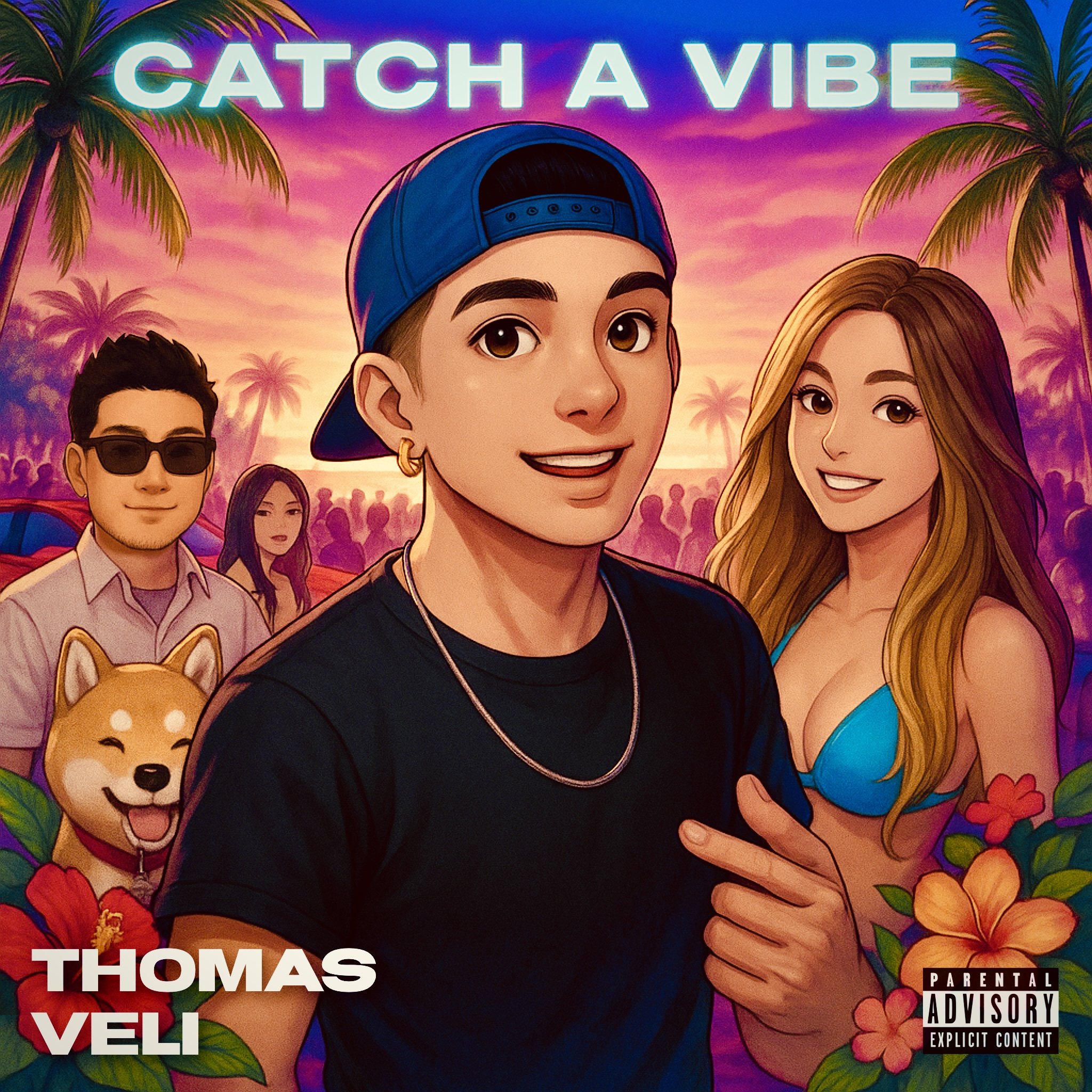 Cover art for Thomas Veli and Deja Vu's song, Catch A Vibe, featuring character illustrations of Thomas Veli, Deja Vu, and friends in a summer sunset environment.