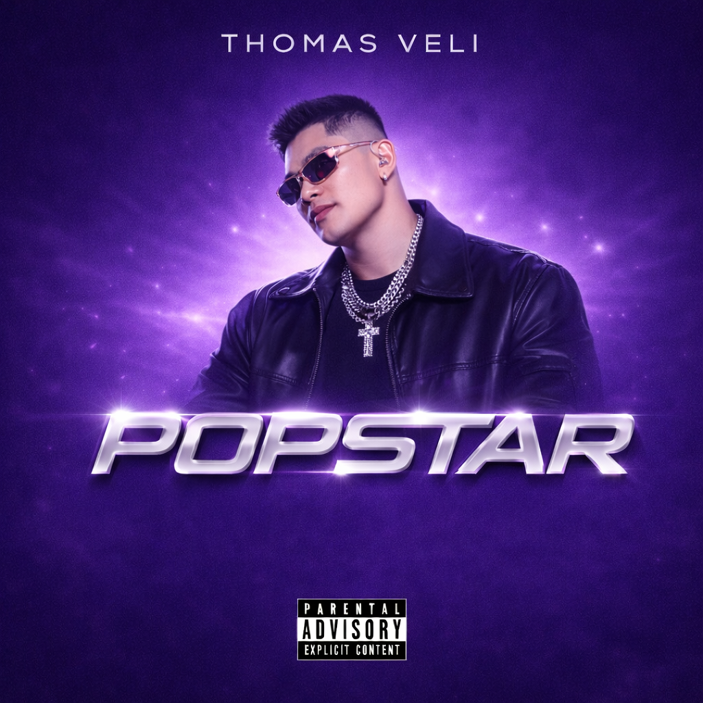 Album cover featuring Thomas V+r jacket, and multiple silver chains with a cross pendant. The text 'THOMAS VELI' is at the top, 'POPSTAR' in bold letters across the middle, and a parental advisory warning at the bottom.