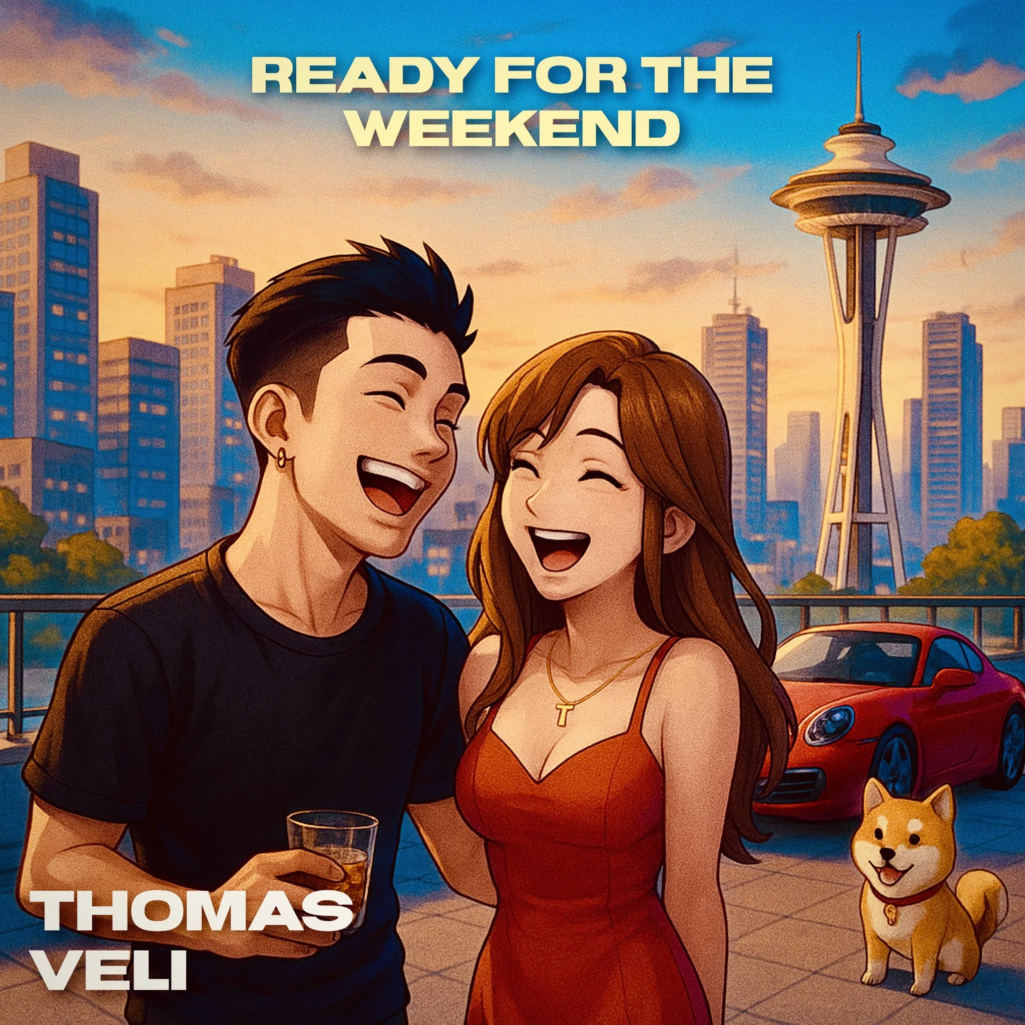 Cover art for Thomas Veli's song 'Ready For The Weekend,' displaying a couple and a dog on an outdoor balcony with a city skyline and the Space Needle in the background with a sunset sky.