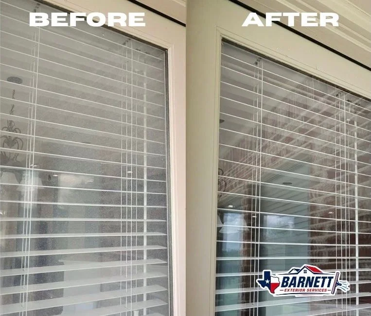 A little window cleaning can make a big difference. This glass had a heavy layer of dirt and build up, but cleaned up beautifully. Barnett Exterior Services offers exterior only and full services window cleaning throughout McKinney, Allen, Frisco, Pl