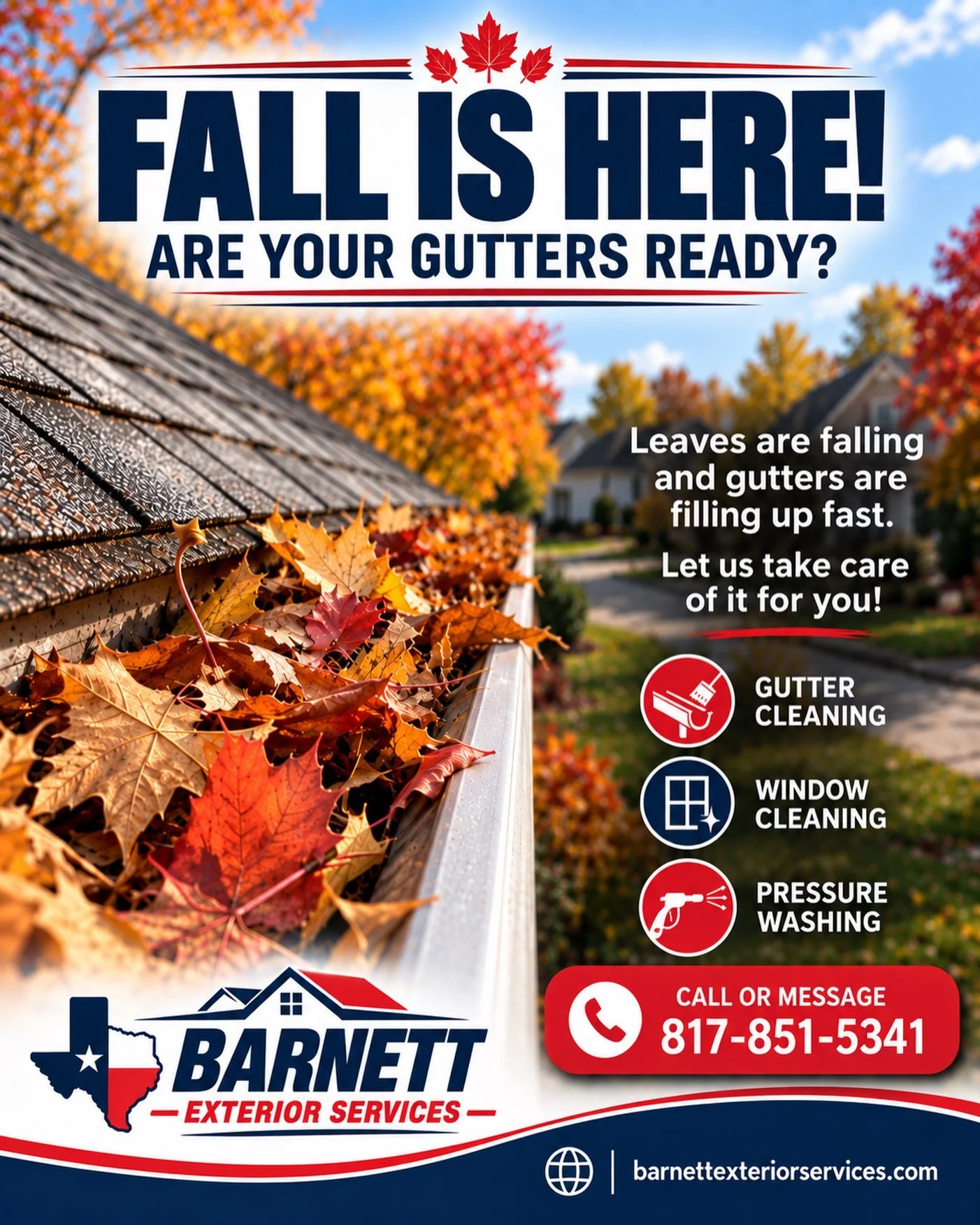 🍂 Fall is here, and the leaves are starting to fall!

Those leaves can fill up your gutters fast and lead to clogs, overflowing water, and unnecessary mess around your home.

Get ahead of it this fall! Call or message Barnett Exterior Services to ge