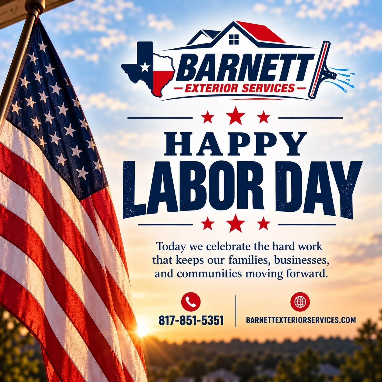 🇺🇸 Happy Labor Day from Barnett Exterior Services!
Today we&rsquo;re celebrating the hardworking people who keep our homes, businesses, and communities moving forward.
We&rsquo;re grateful for all of our customers and neighbors throughout McKinney 