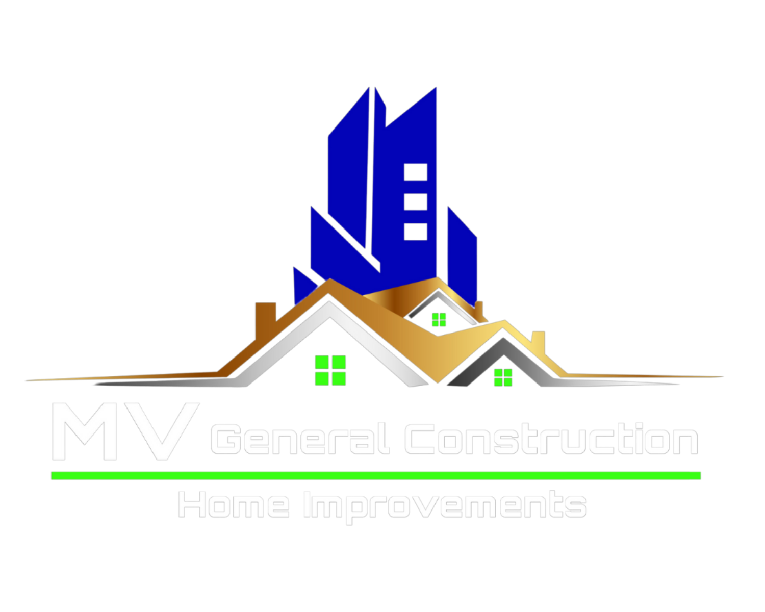 Logo for MV General Construction and Home Improvements featuring stylized houses with green windows and a tall blue building in the background.