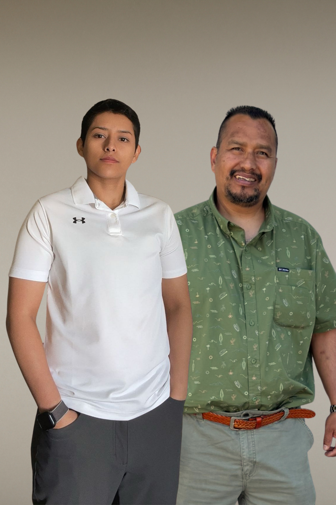 A portrait of the business operator next to the superintendent against a plain background.