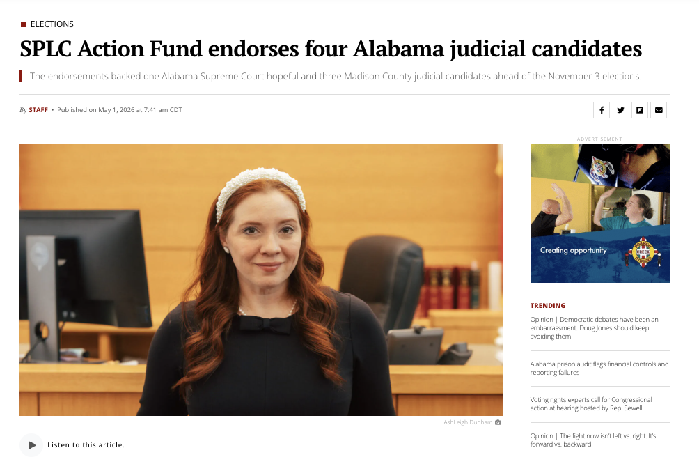 SPLC Action Fund endorses four Alabama judicial candidates