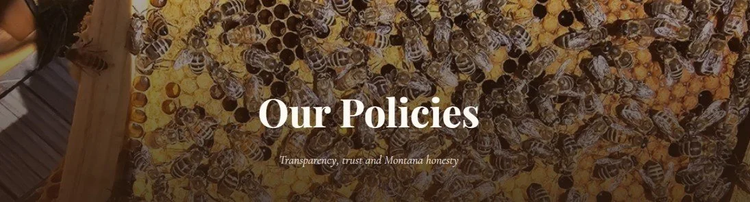 A hive with bees on honeycomb and a banner displaying policies of transparency, trust, and Montana honesty.