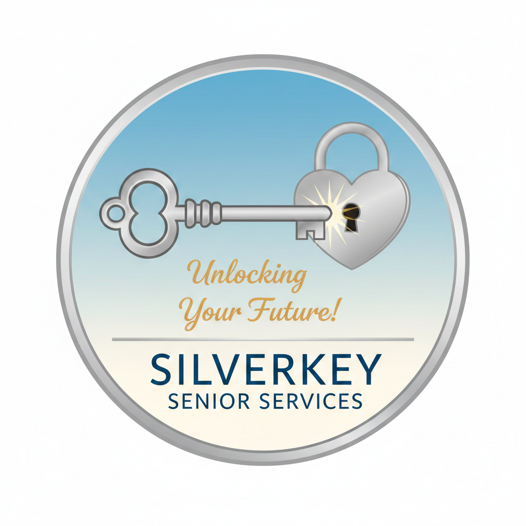 A circular logo for SilverKey Senior Services featuring a key and a heart-shaped lock, with the text "Unlocking Your Future!" and company name.