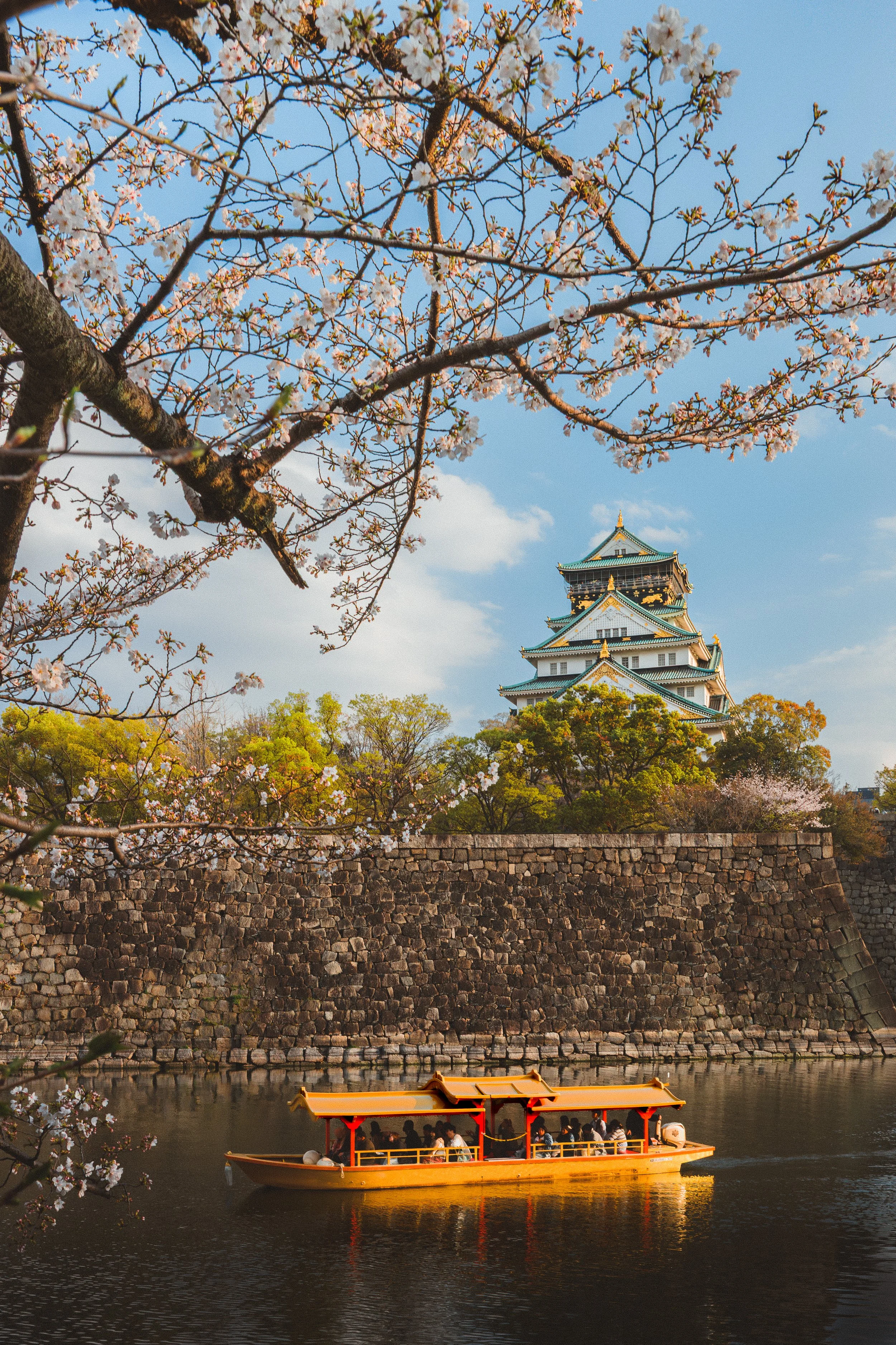 A yellow boat with a red roof carrying tourists along a river, with cherry blossom trees in bloom and a traditional Japanese castle in the background.