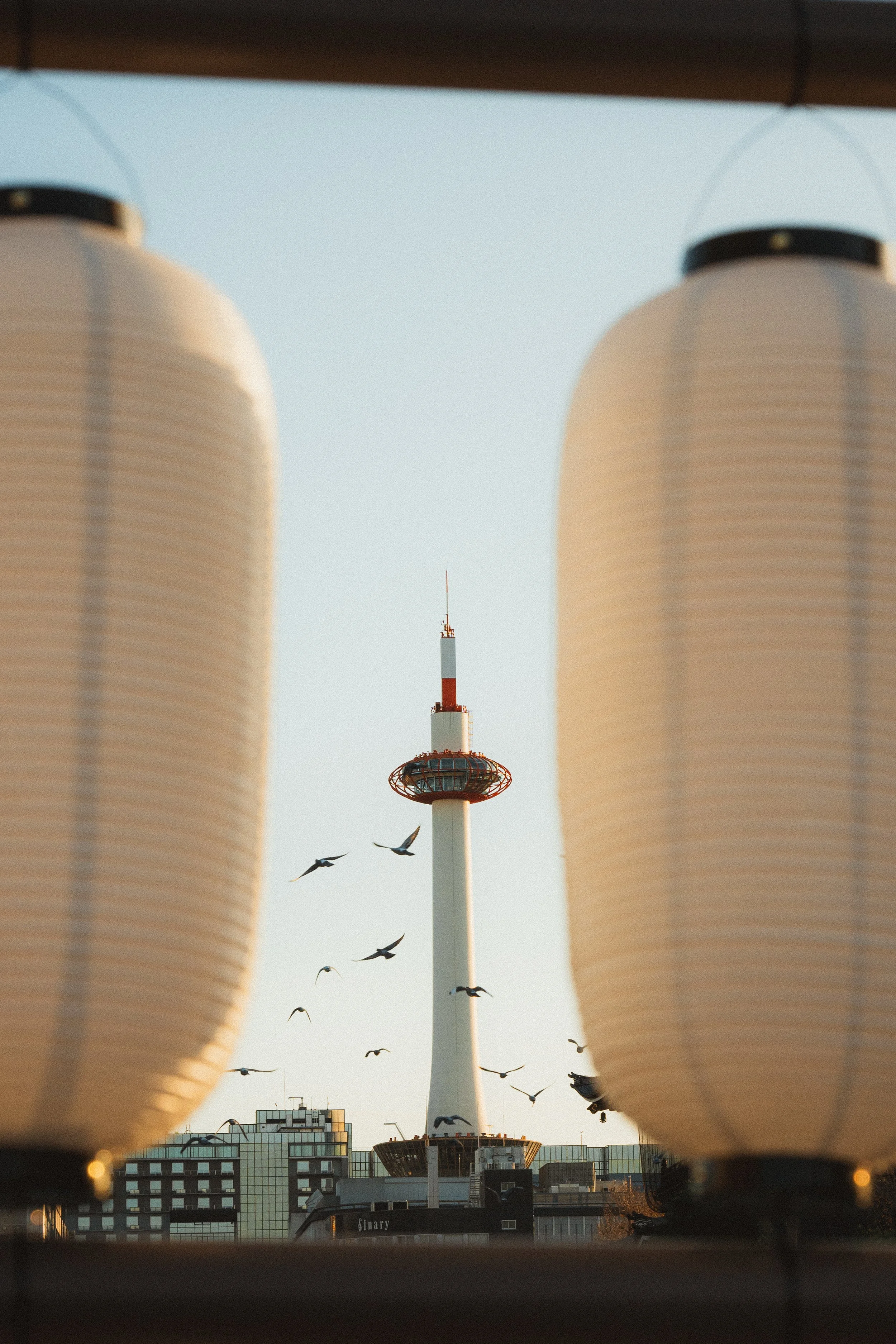 View of a tower with an observation deck, seen between two large, rounded paper lanterns. Birds flying in the sky near the city skyline.