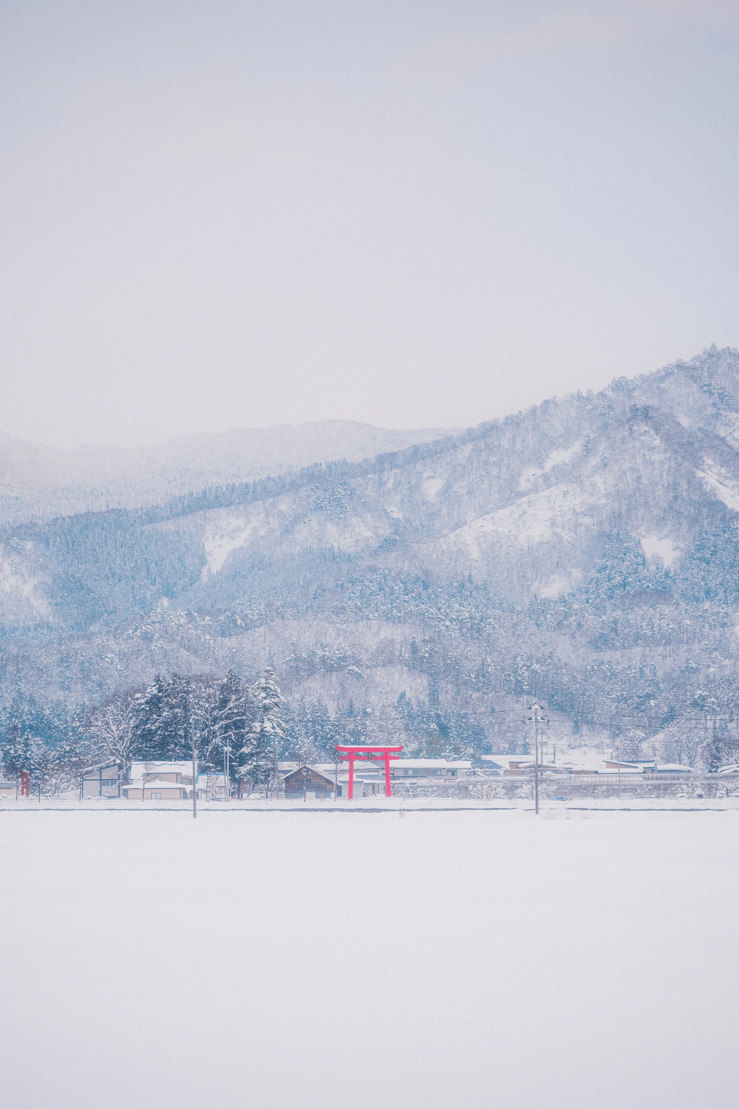 Snow-covered landscape with a red torii gate in front of trees, houses, and distant snow-capped mountains under a light sky.