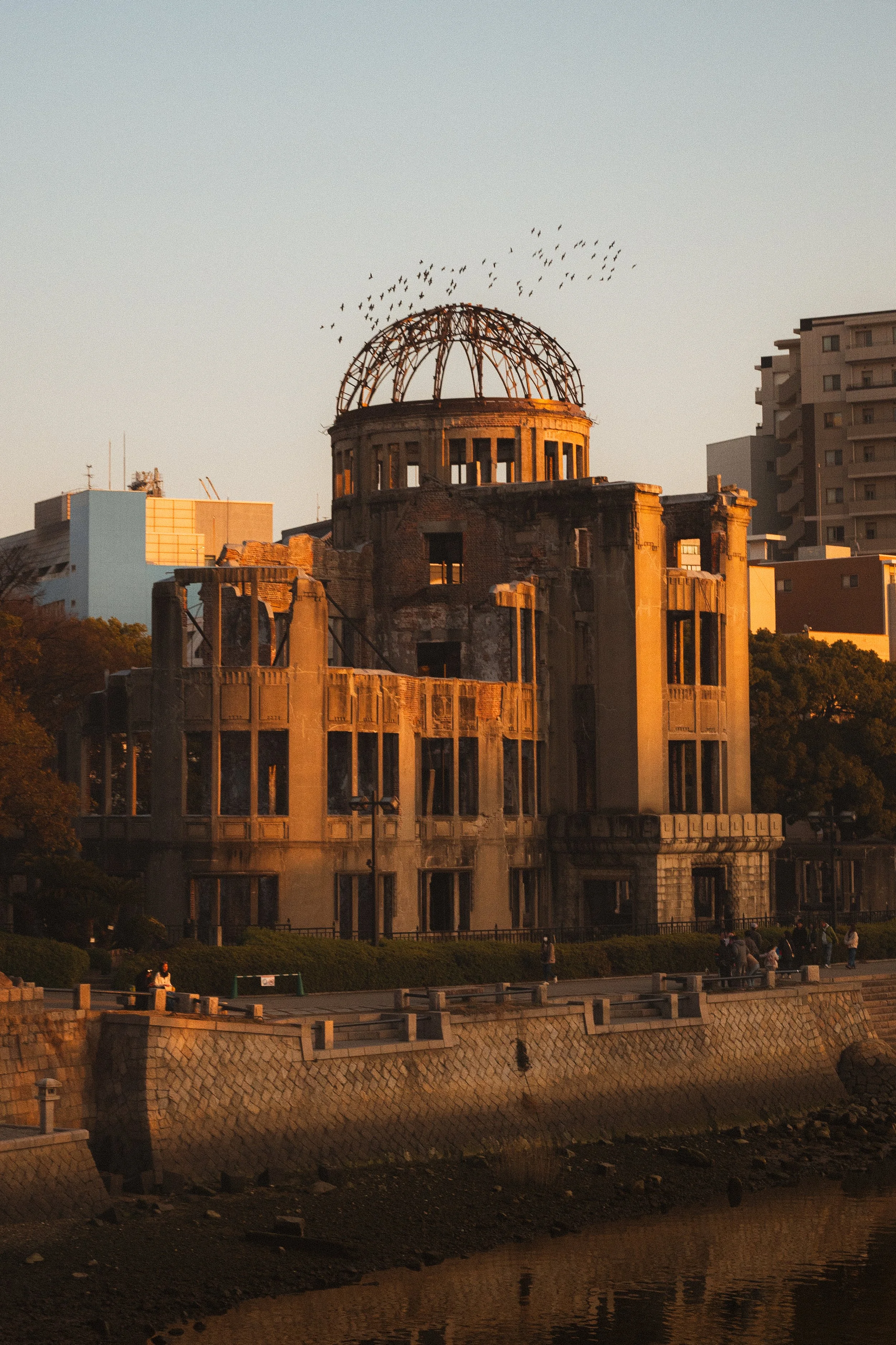 An old, partially destroyed building with a domed roof frame and large windows, illuminated by warm golden light, with a flock of birds flying above it against a clear sky, and modern high-rise buildings in the background, near a riverbank with a walkway and people walking.