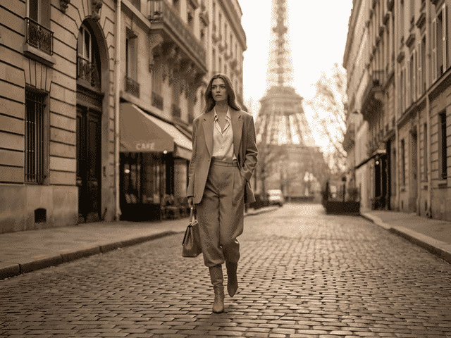 A woman walking on a cobblestone street in Paris, with the Eiffel Tower in the background, dressed in professional attire.