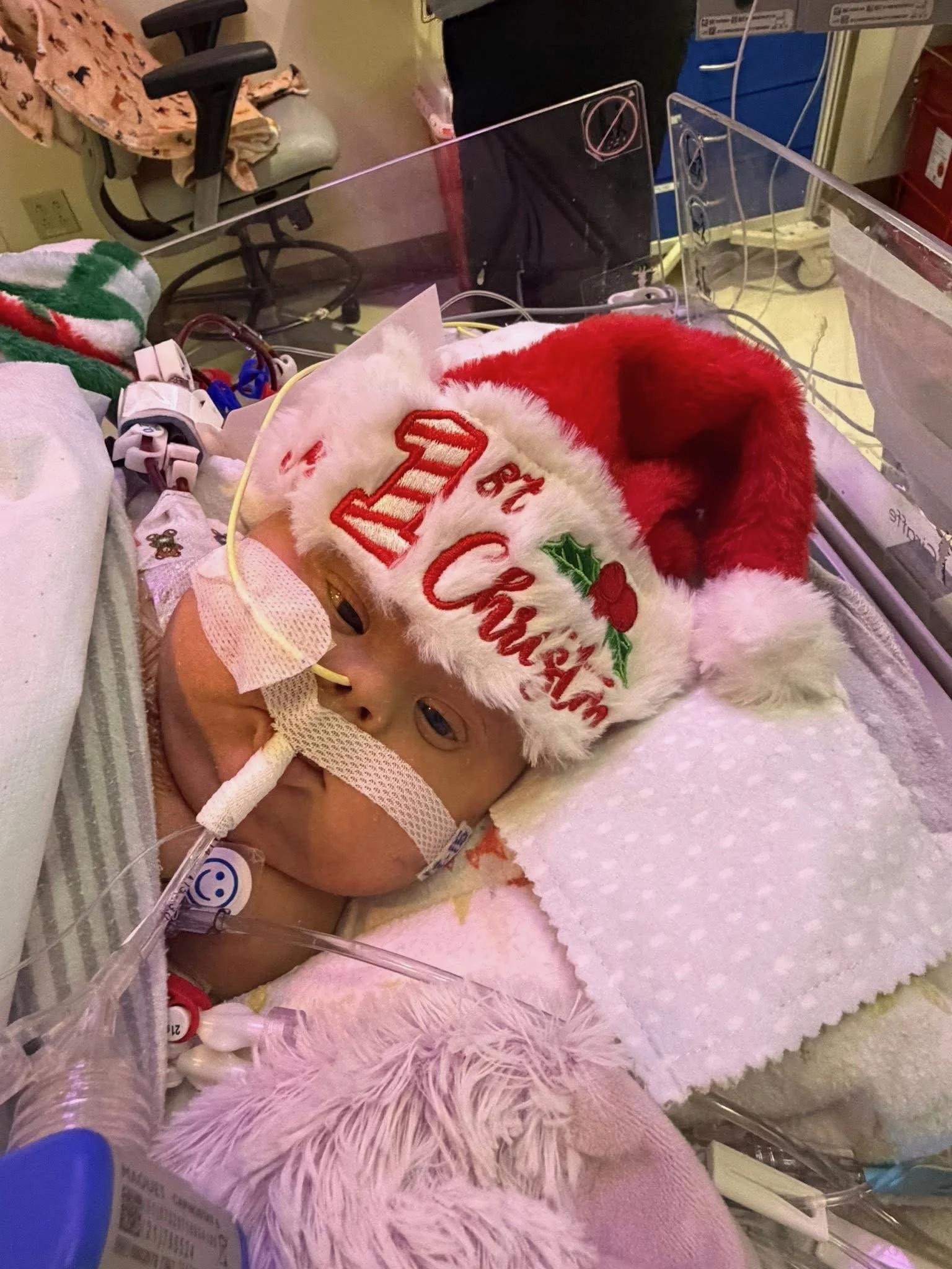 A newborn baby in a hospital crib wearing a Christmas hat, with medical tubes and monitoring equipment, resting on a pink fuzzy blanket.