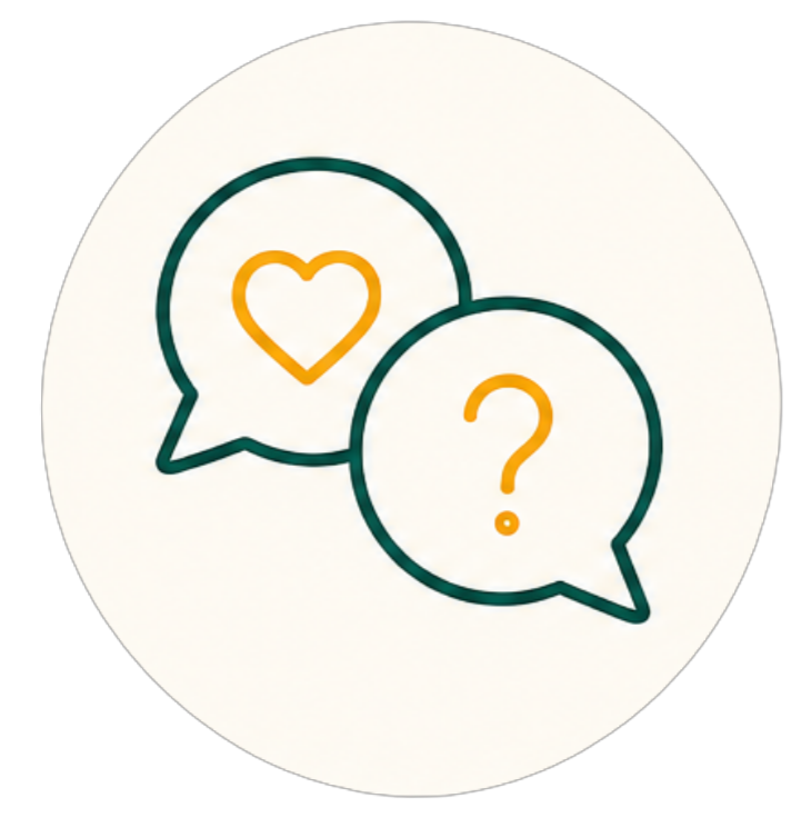 Two overlapping speech bubbles, one with a heart and the other with a question mark, on a white background.