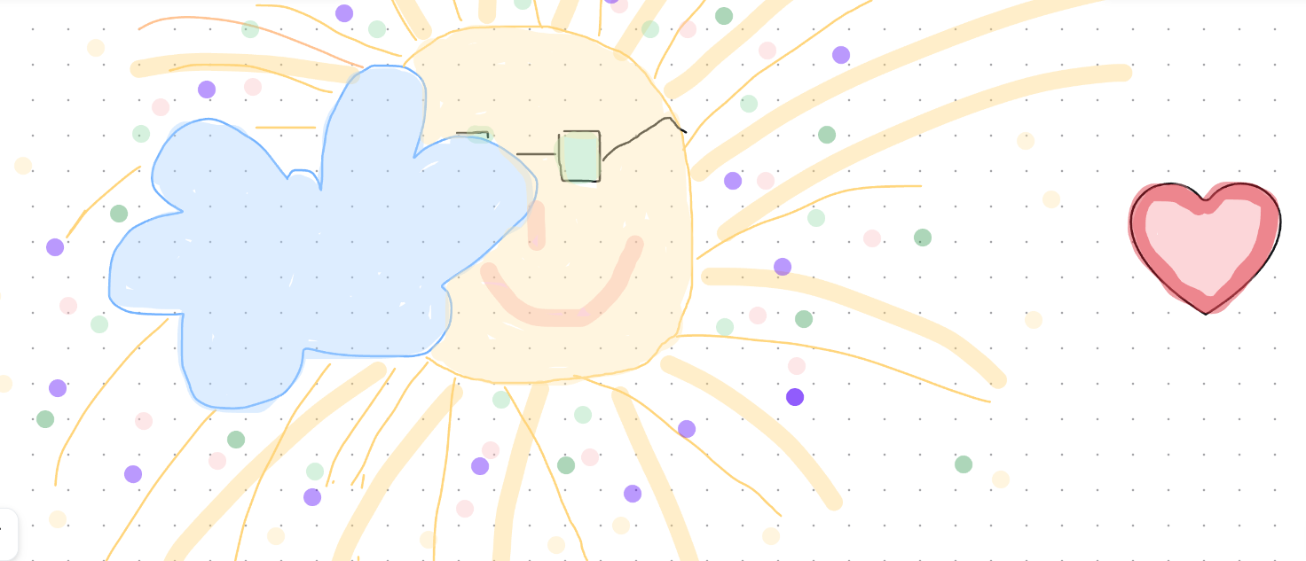 A colorful drawing of a smiling sun with glasses, a blue cloud, and a pink heart with pastel polka dots and lines in the background.