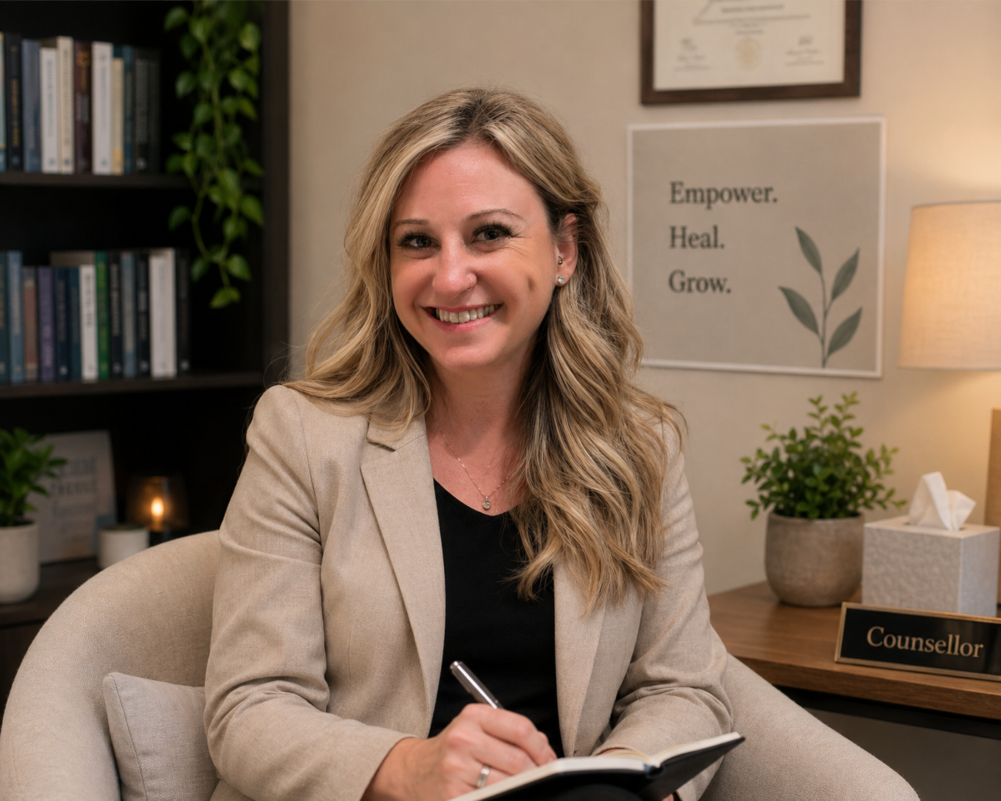 A woman sitting in a counseling office, smiling and holding a notepad and pen. The background has bookshelves, plants, and motivational posters.