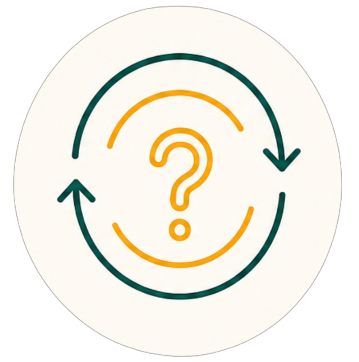 A diagram with two interlocking circles, one green and one orange, surrounding a large orange question mark in the center.