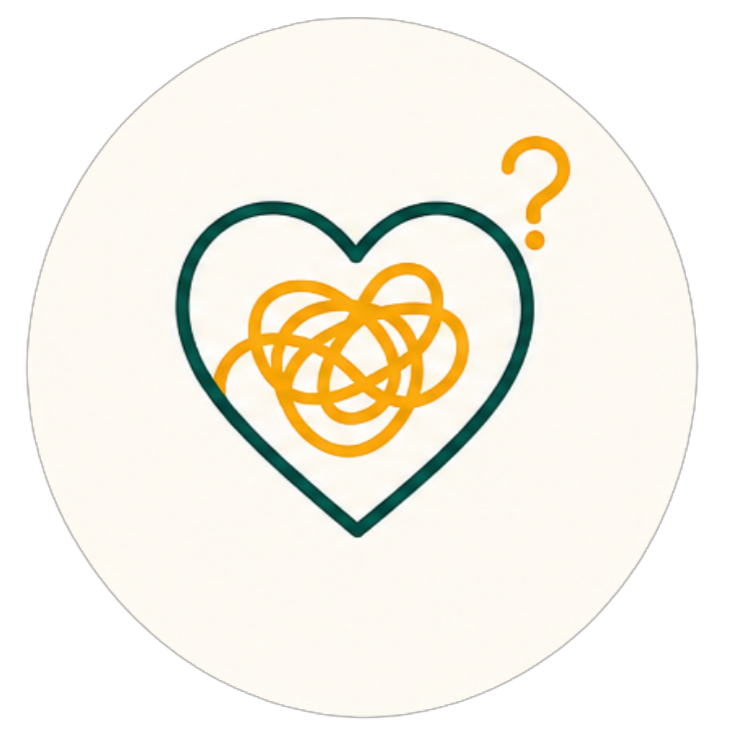 A heart outline with a tangled line inside and a question mark outside the heart.