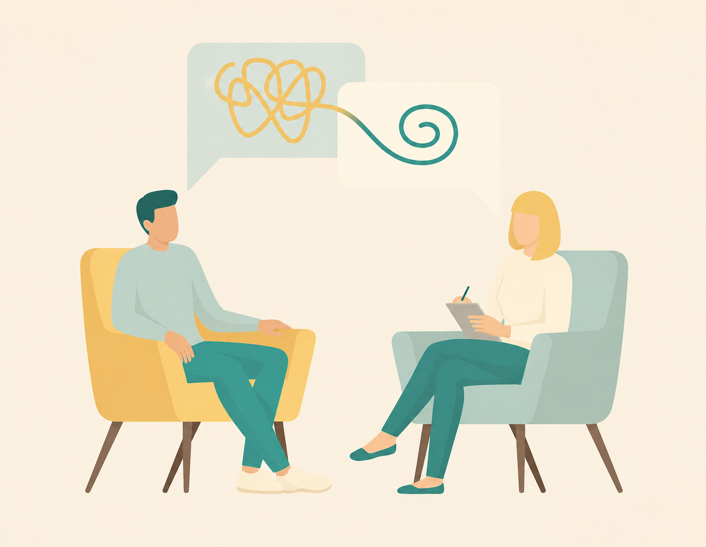 Illustration of a therapy session with a man and a woman sitting in chairs, having a conversation about tangled and organized lines.