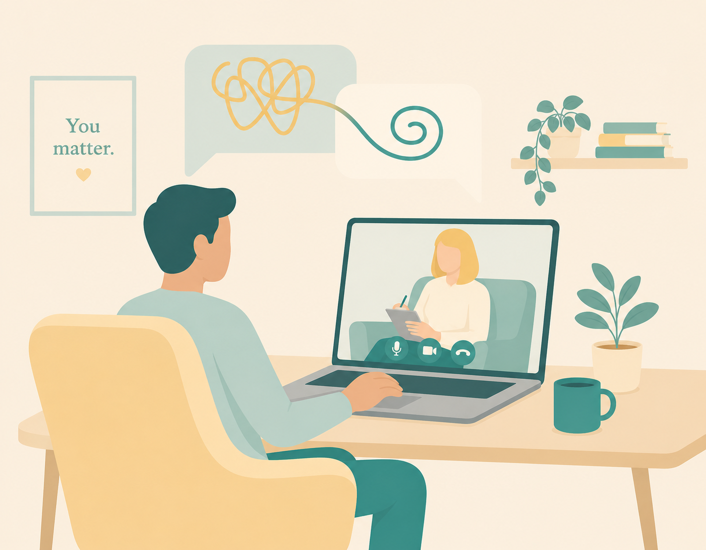 Illustration of a virtual therapy session with a male client and a female therapist on a laptop screen, with a sign on the wall that says 'You matter.', plants, and books in the background.