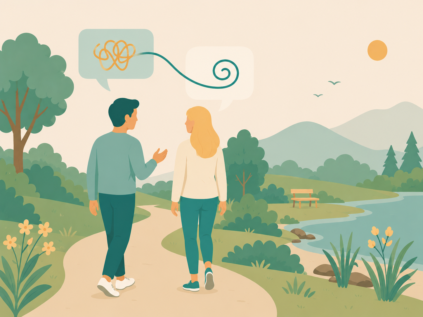 Two people walking on a curved path in a park with trees, flowers, a bench, and a river; hills and birds in the background. Their speech bubbles contain abstract, squiggly lines.