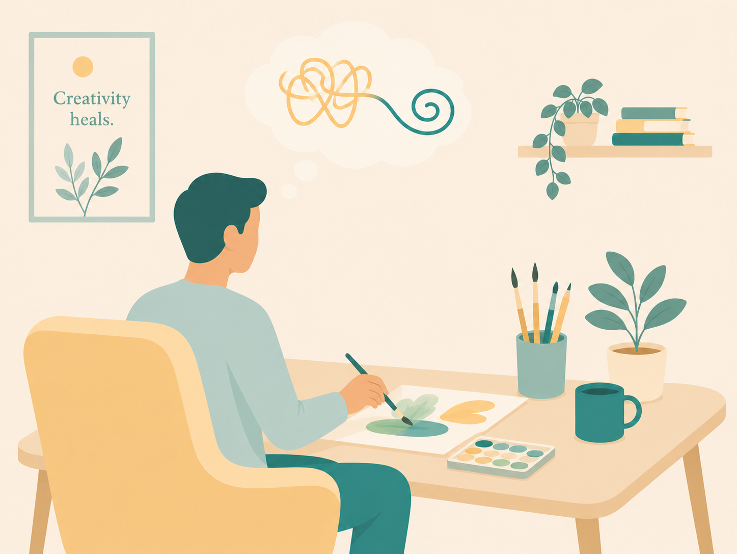 Person sitting at desk painting with watercolors, surrounded by art supplies and plants.