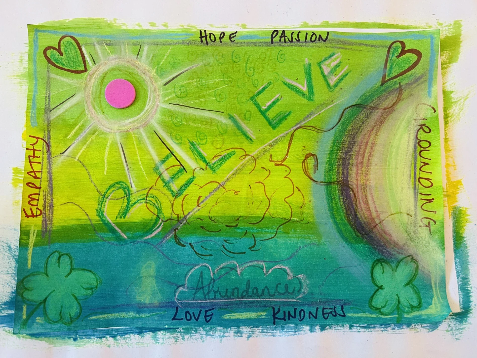 A colorful drawing with green and blue background, featuring a large sun, hearts, four-leaf clovers, and the words 'LOVE,' 'HOPE,' 'HAPPINESS,' and 'LOVE'. It also includes words 'Hope,' 'Passion,' 'Love,' 'Kindness,' and 'Abundance' written around the image.
